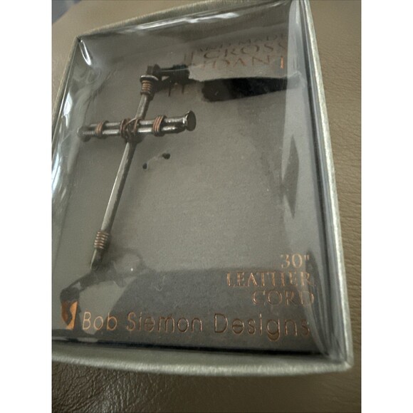 NEW Bob Siemon Nail and Copper Wire Cross Pendant on Leather Cord, 30" - Picture 2 of 2